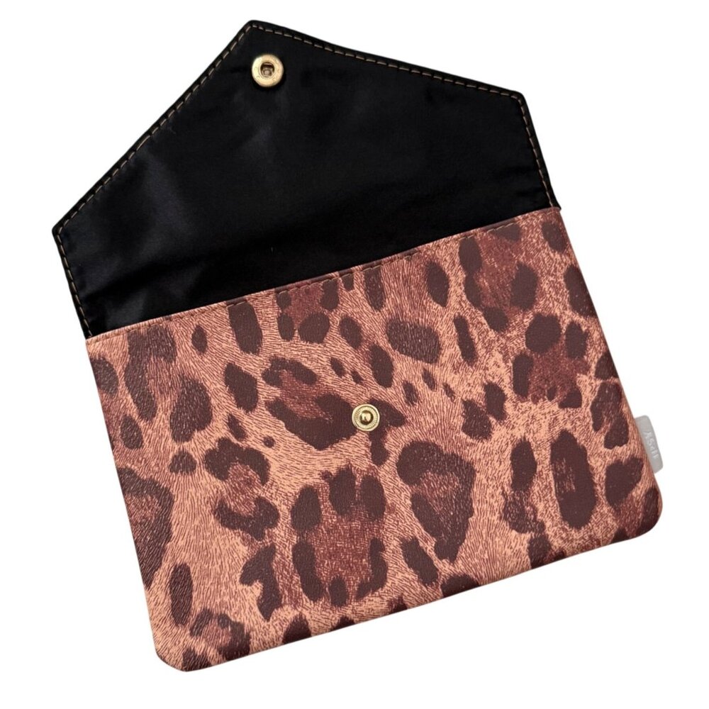 Ipsy Leopard Print Cosmetic Bag Snap Closure Synthetic Makeup Pouch Faux Jewel - Picture 2 of 7